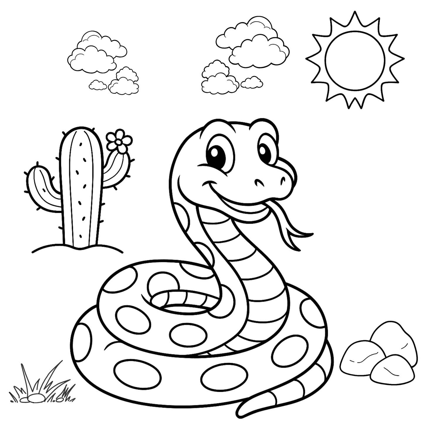 Coloring page with a snake, cactus, sun, and clouds on a white background