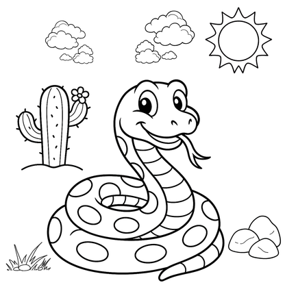 Coloring page with a snake, cactus, sun, and clouds on a white background