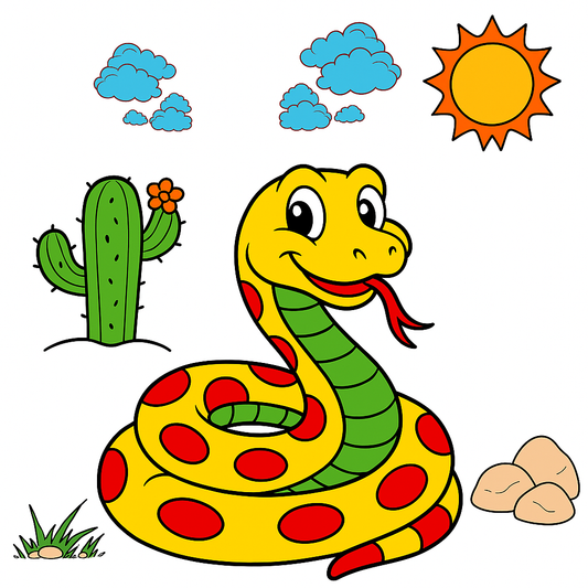 Colorful cartoon snake with cactus, sun, and clouds on a white background