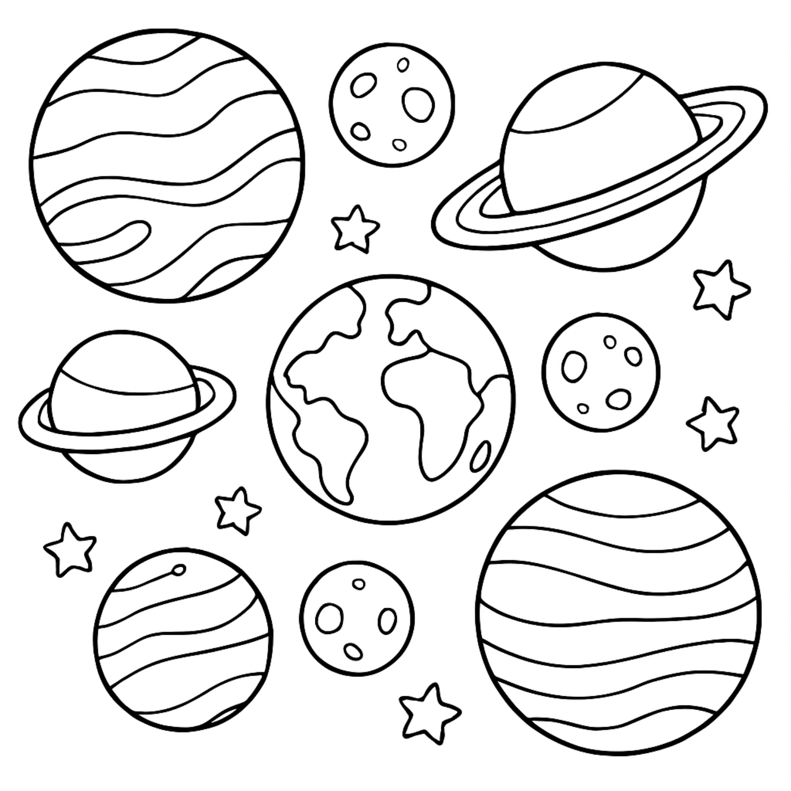 Illustrations of various planets and stars on a white background