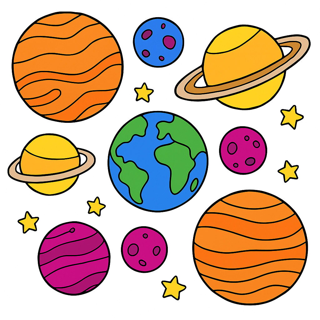 Colorful cartoon-style planets and stars on a white background