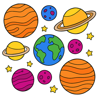 Colorful cartoon-style planets and stars on a white background