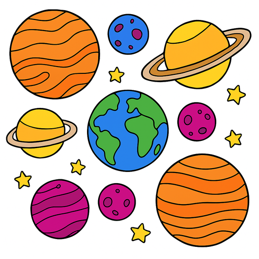 Colorful cartoon-style planets and stars on a white background