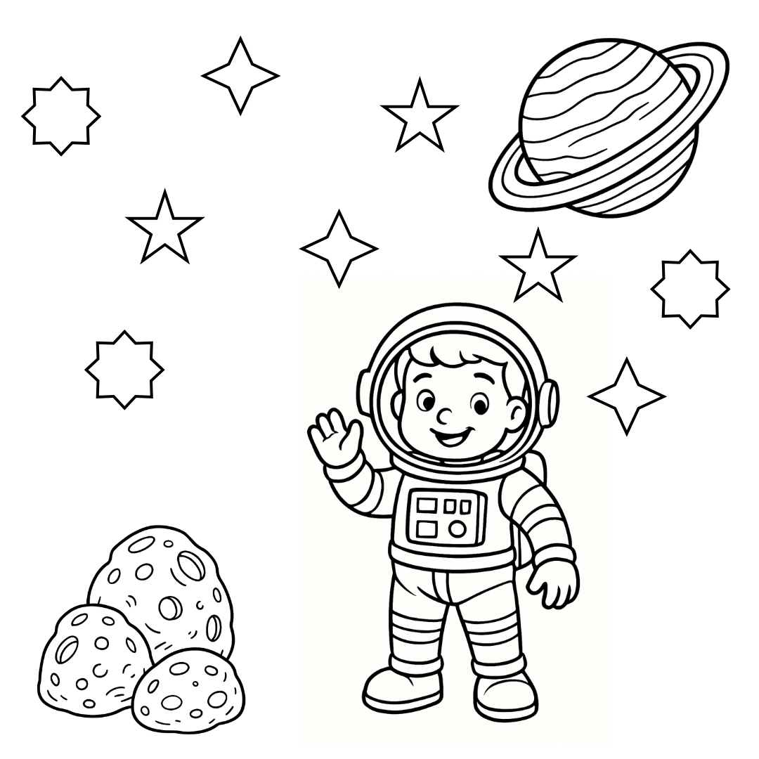 Coloring page with an astronaut, planet, stars, and moon.