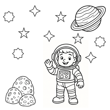 Coloring page with an astronaut, planet, stars, and moon.