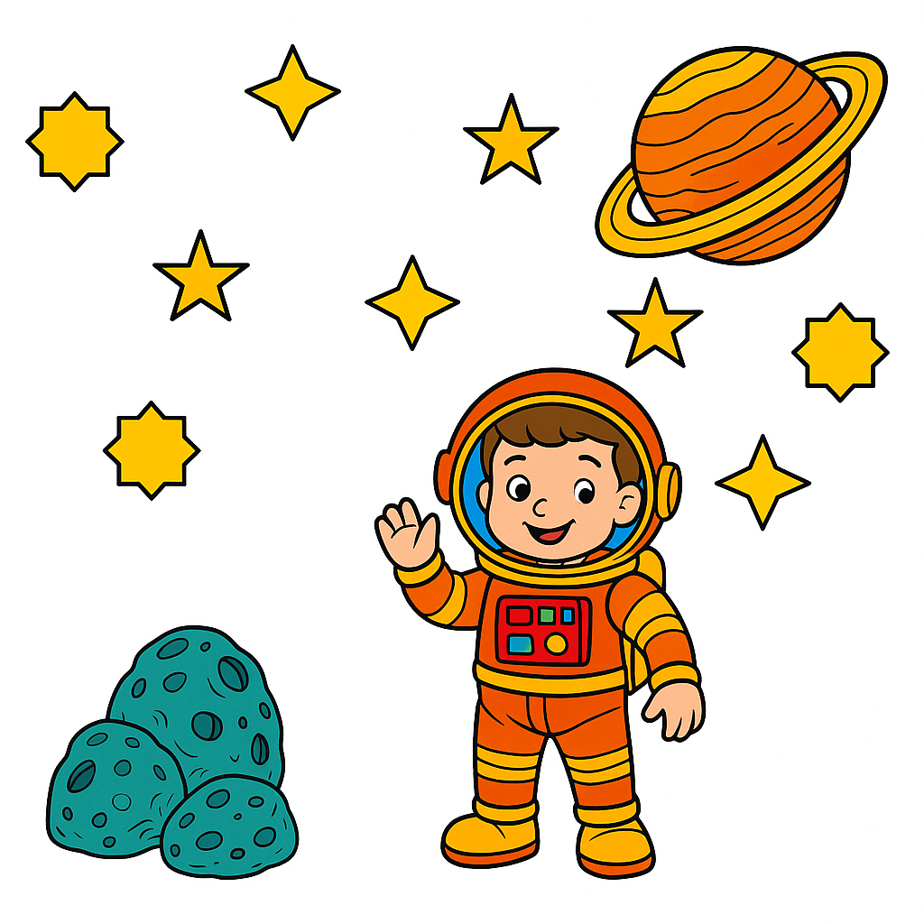 Cartoon astronaut in space with stars, a planet, and a moon.