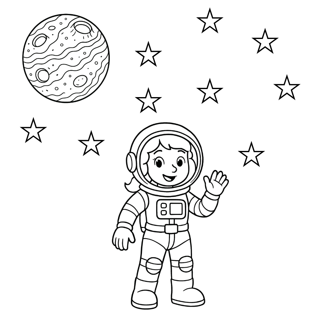 Cartoon astronaut in space with stars and a planet