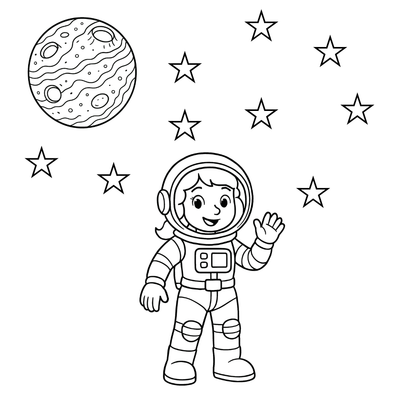 Cartoon astronaut in space with stars and a planet