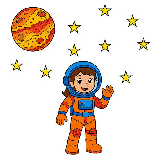 Illustration of an astronaut in a space suit with a planet and stars on a white background