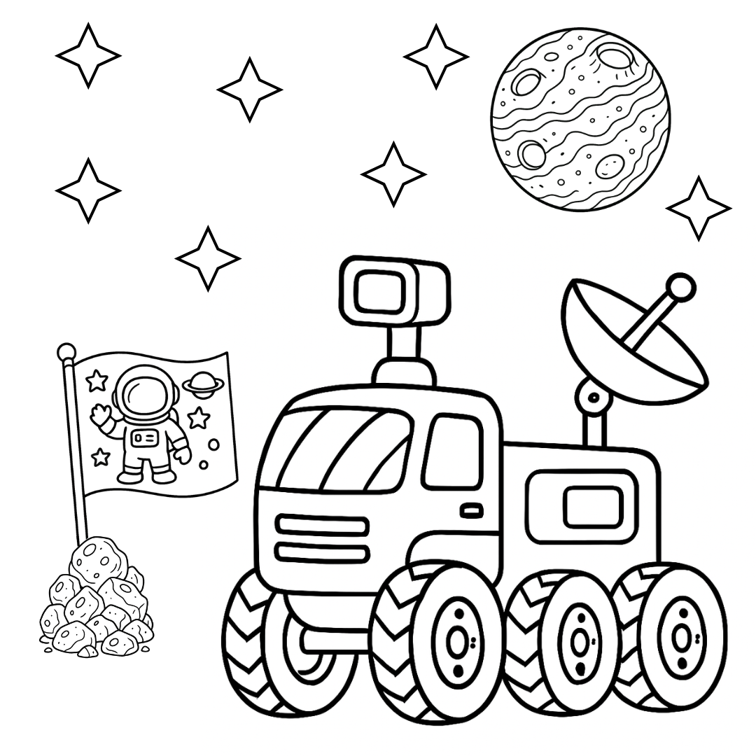 Coloring page with a space-themed vehicle, flag, and planet.