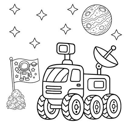 Coloring page with a space-themed vehicle, flag, and planet.