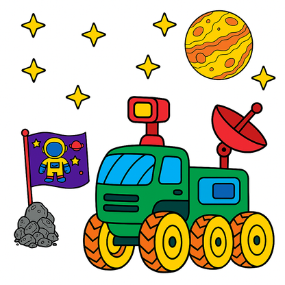 Colorful illustration of a space-themed vehicle with a planet, stars, and an astronaut flag.