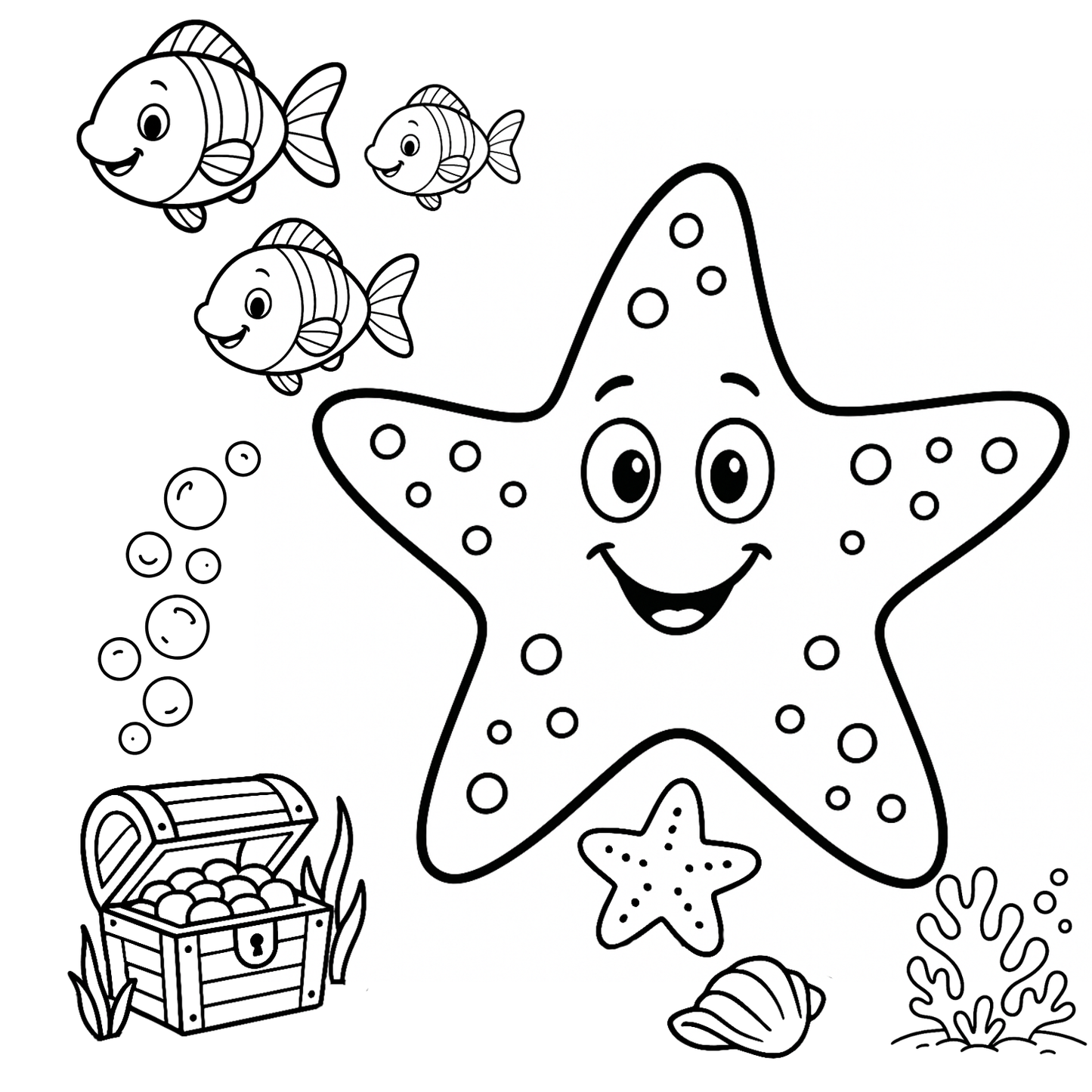 Coloring page with a starfish, fish, treasure chest, and shell on a white background