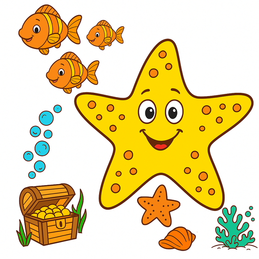 Cartoon starfish with fish, treasure chest, and sea creatures on a white background