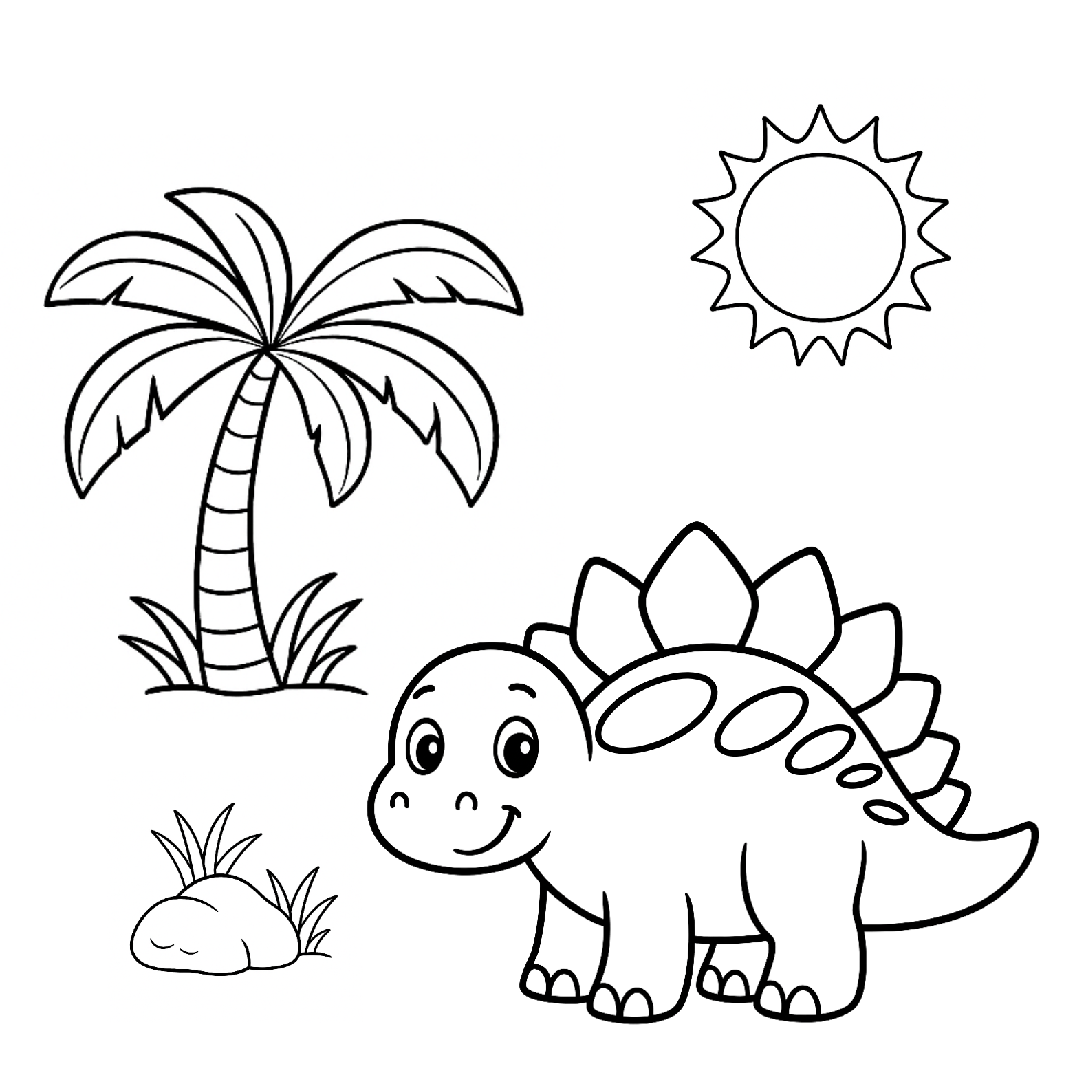 Coloring page with a dinosaur, palm tree, and sun on a white background