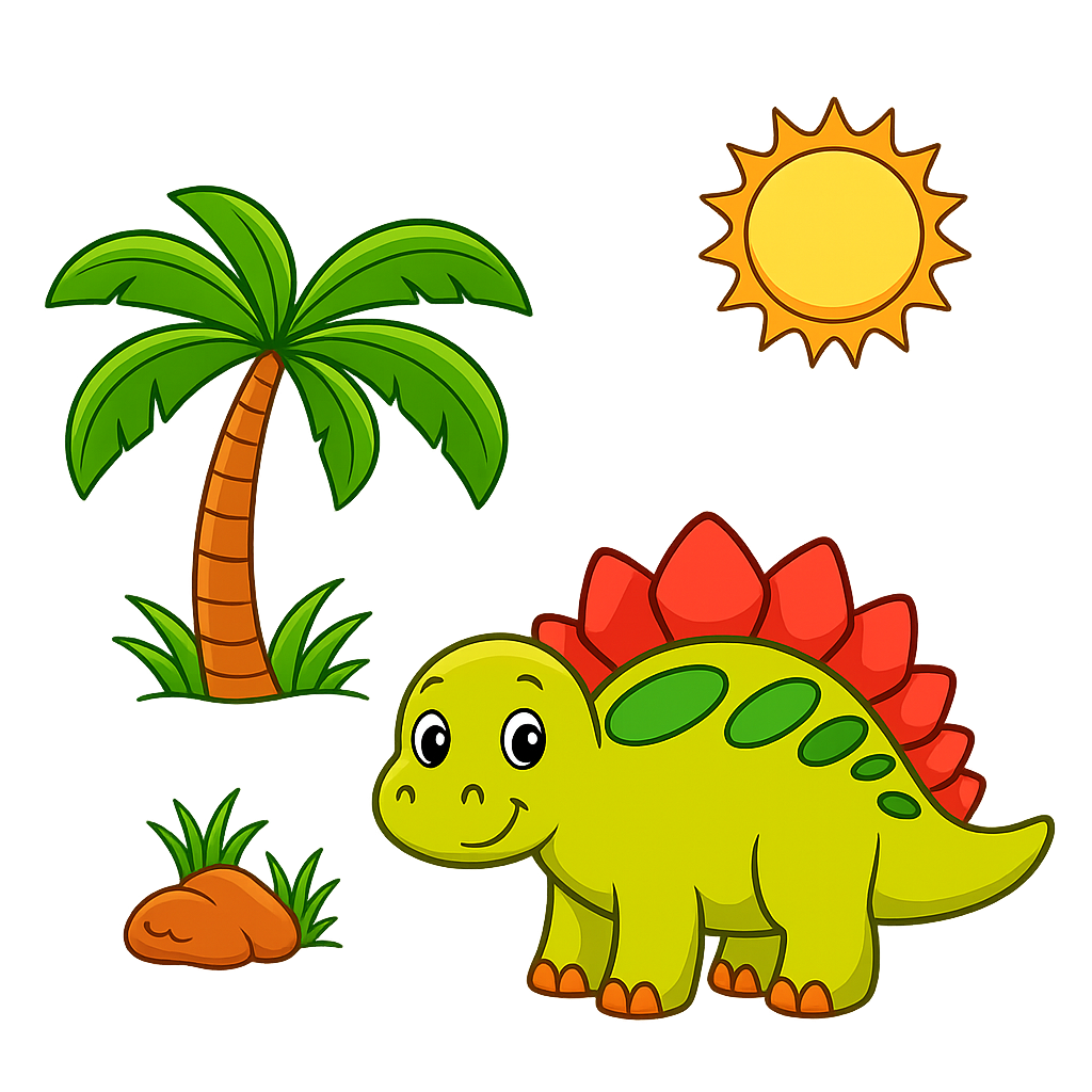 Cartoon dinosaur with a palm tree and sun on a white background