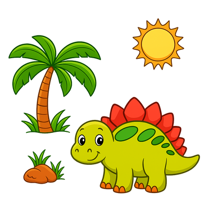Cartoon dinosaur with a palm tree and sun on a white background