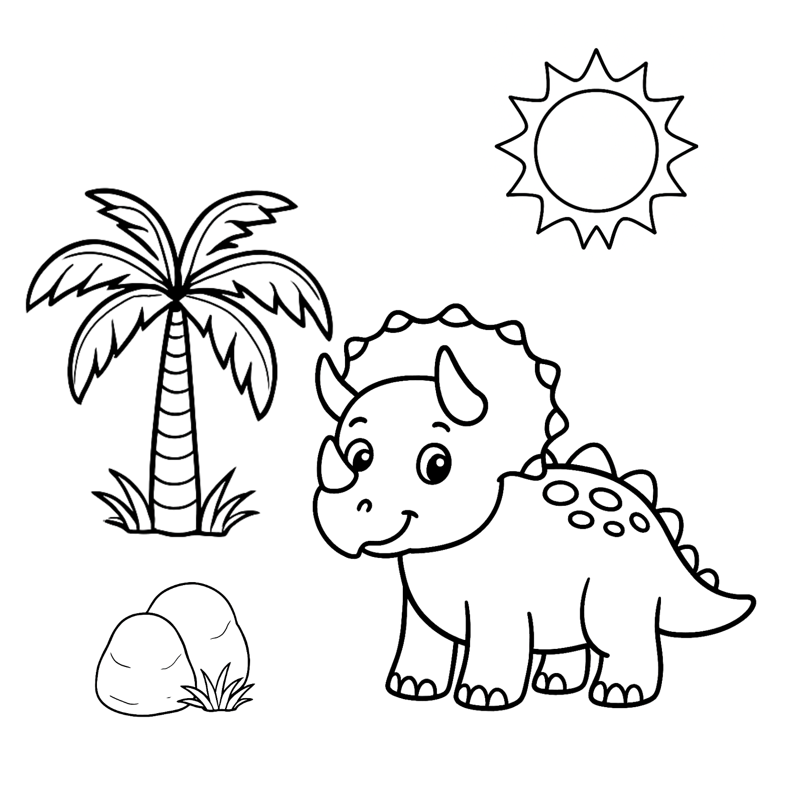 Coloring page with a dinosaur, palm tree, and sun.