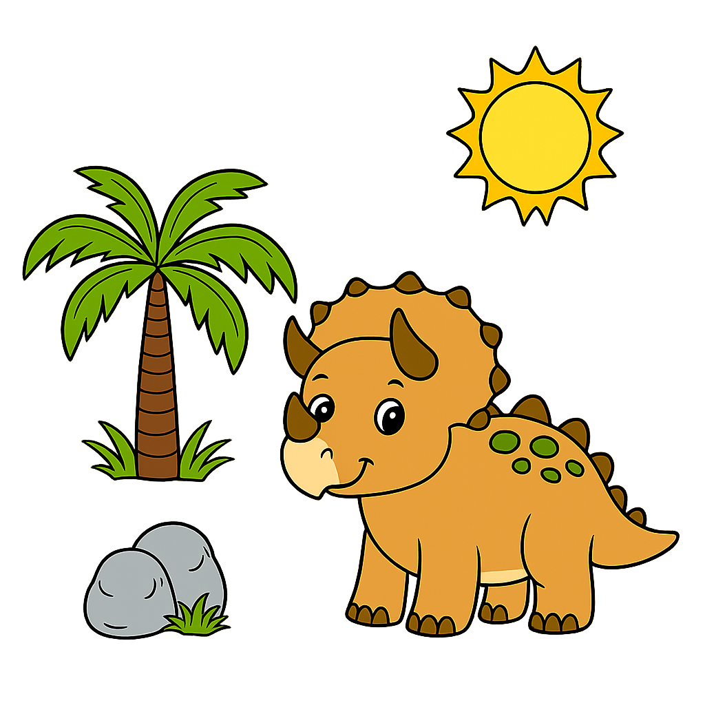 Cartoon dinosaur with palm tree and sun on a white background
