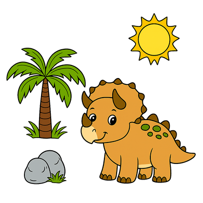 Cartoon dinosaur with palm tree and sun on a white background