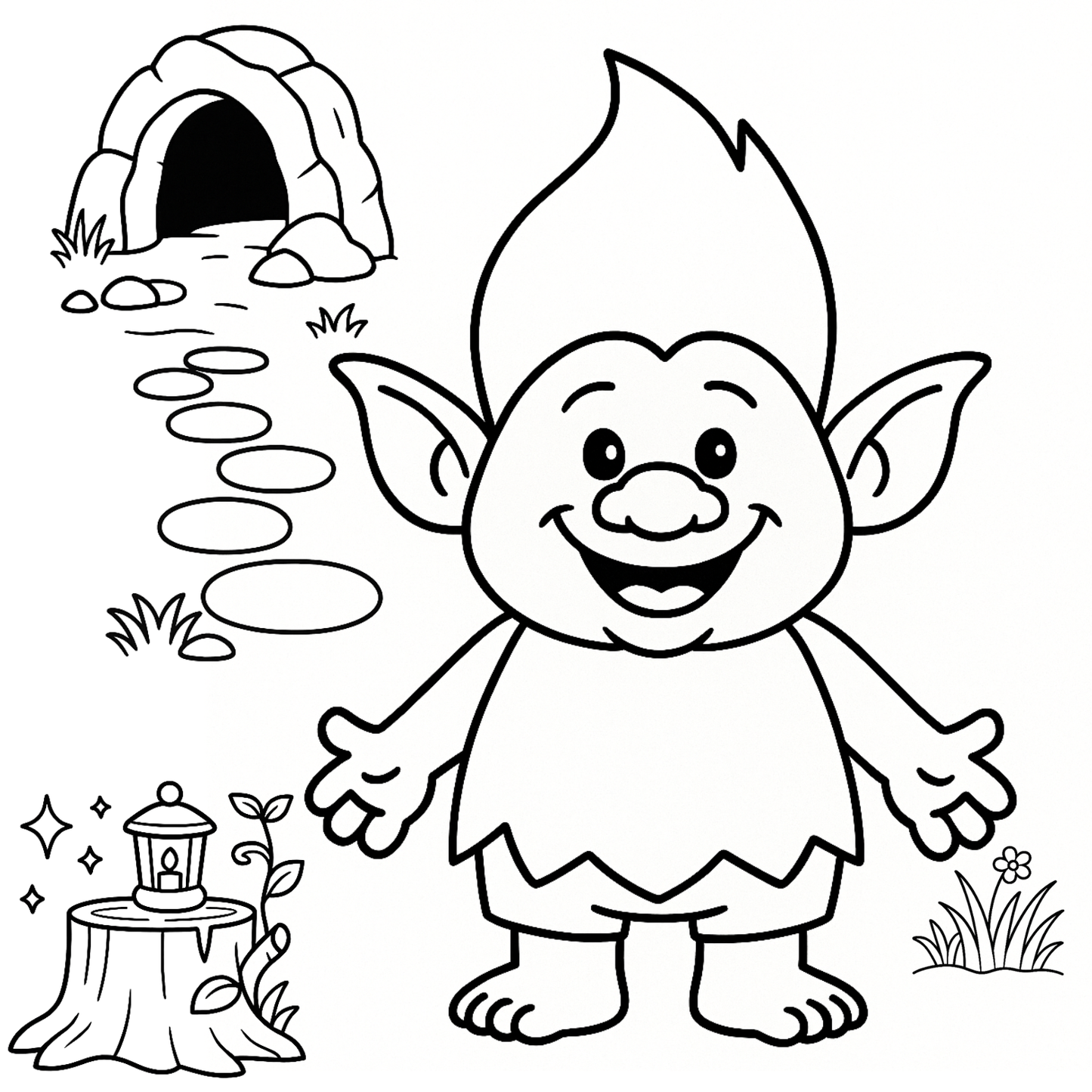 Cartoon gnome coloring page with a stone path and lantern.