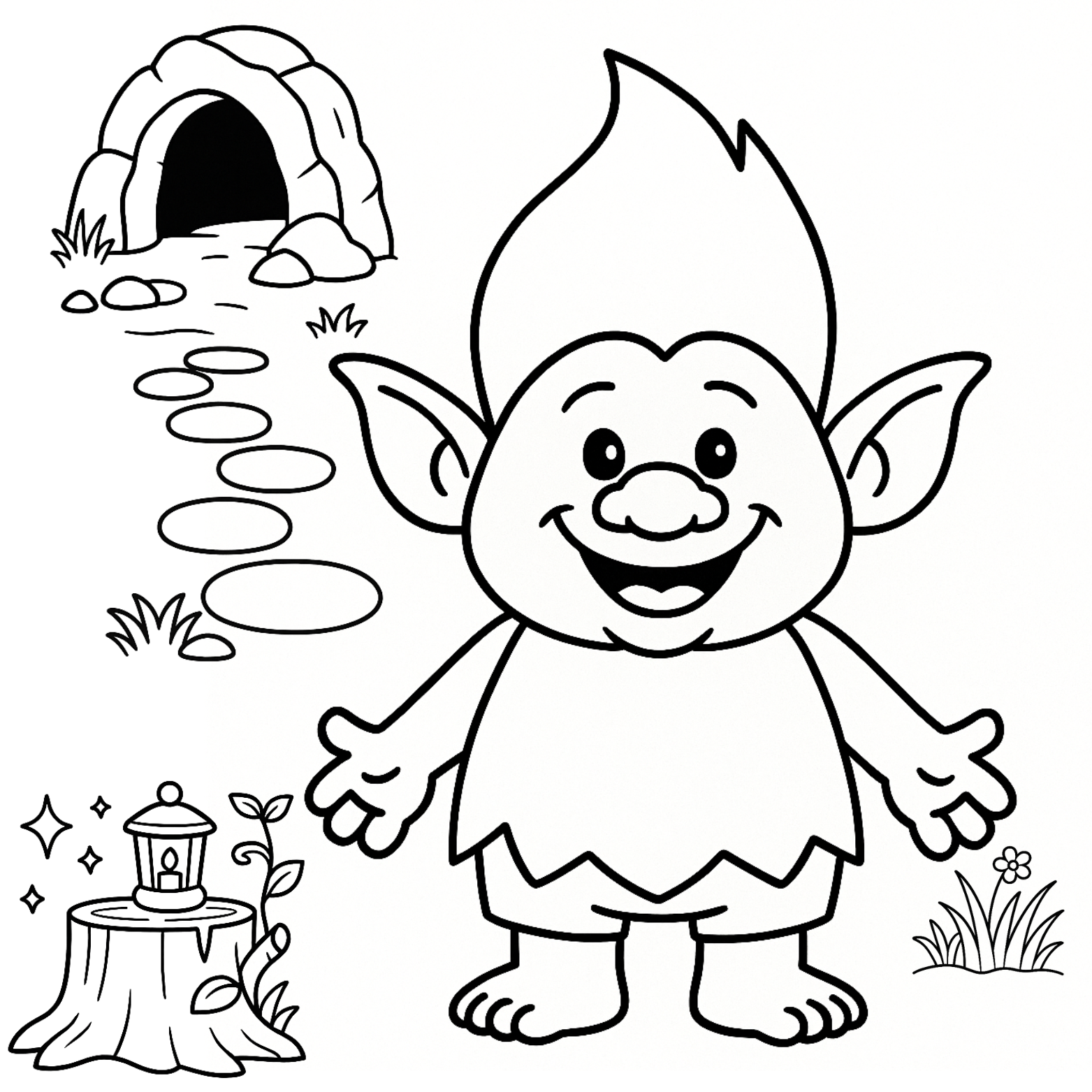 Cartoon gnome coloring page with a stone path and lantern.