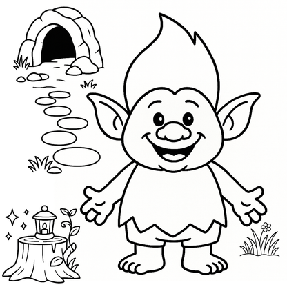 Cartoon gnome coloring page with a stone path and lantern.