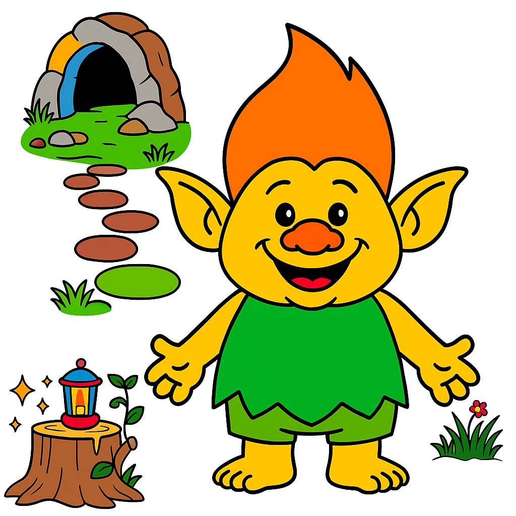 Cartoon character with orange hair and green outfit standing in a forest setting.