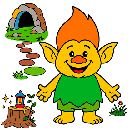 Cartoon character with orange hair and green outfit standing in a forest setting.