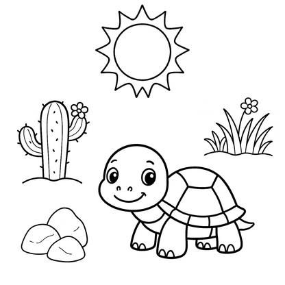 Cartoon turtle with cactus, sun, and flowers on a white background