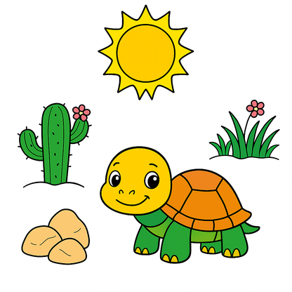 Cartoon turtle with cactus, sun, and flowers on a white background