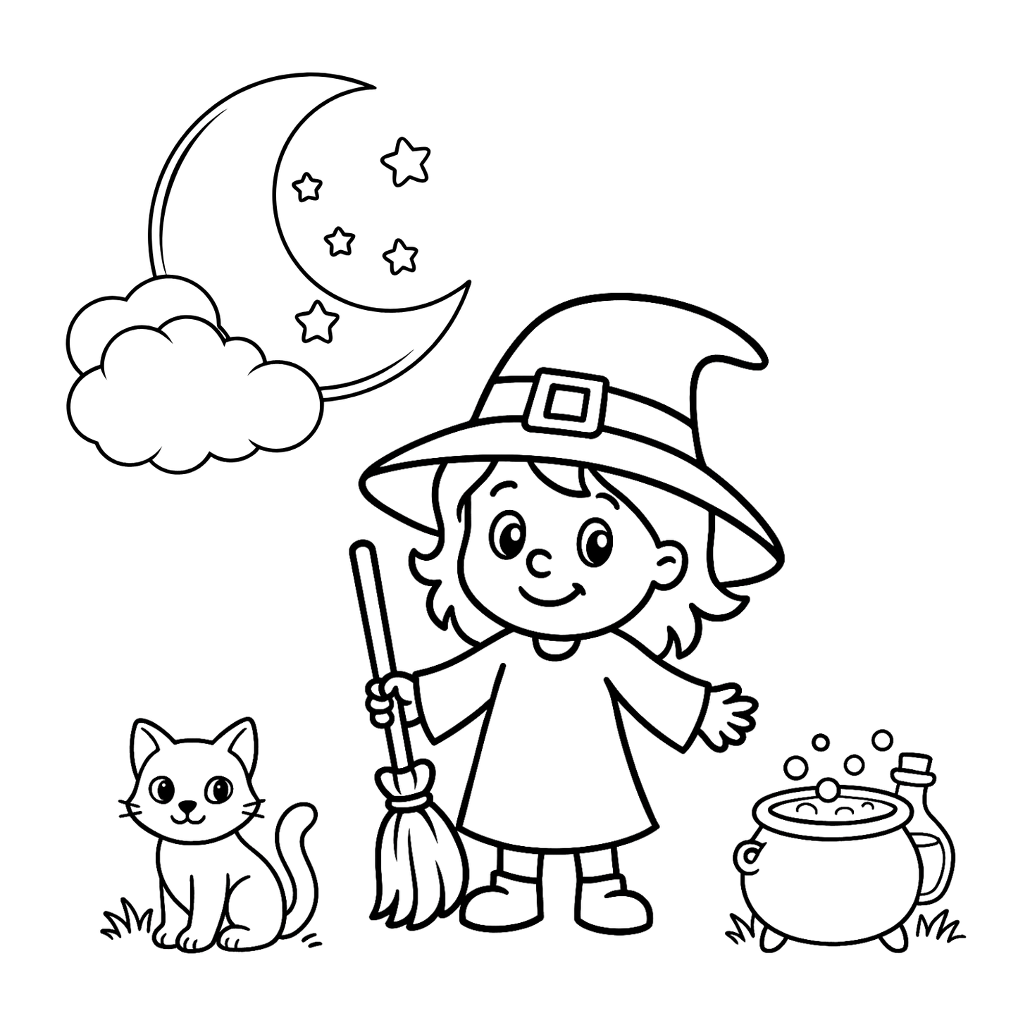 Black and white illustration of a witch with a broom, cat, and cauldron under a moon and stars.