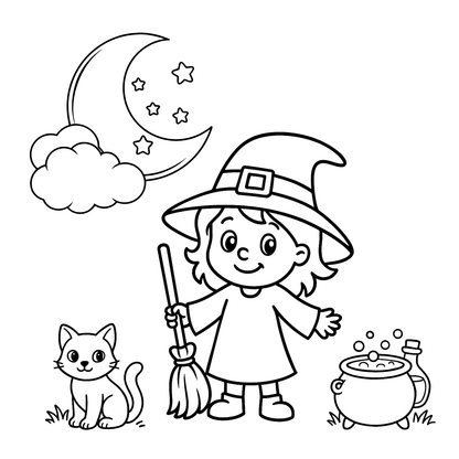 Black and white illustration of a witch with a broom, cat, and cauldron under a moon and stars.