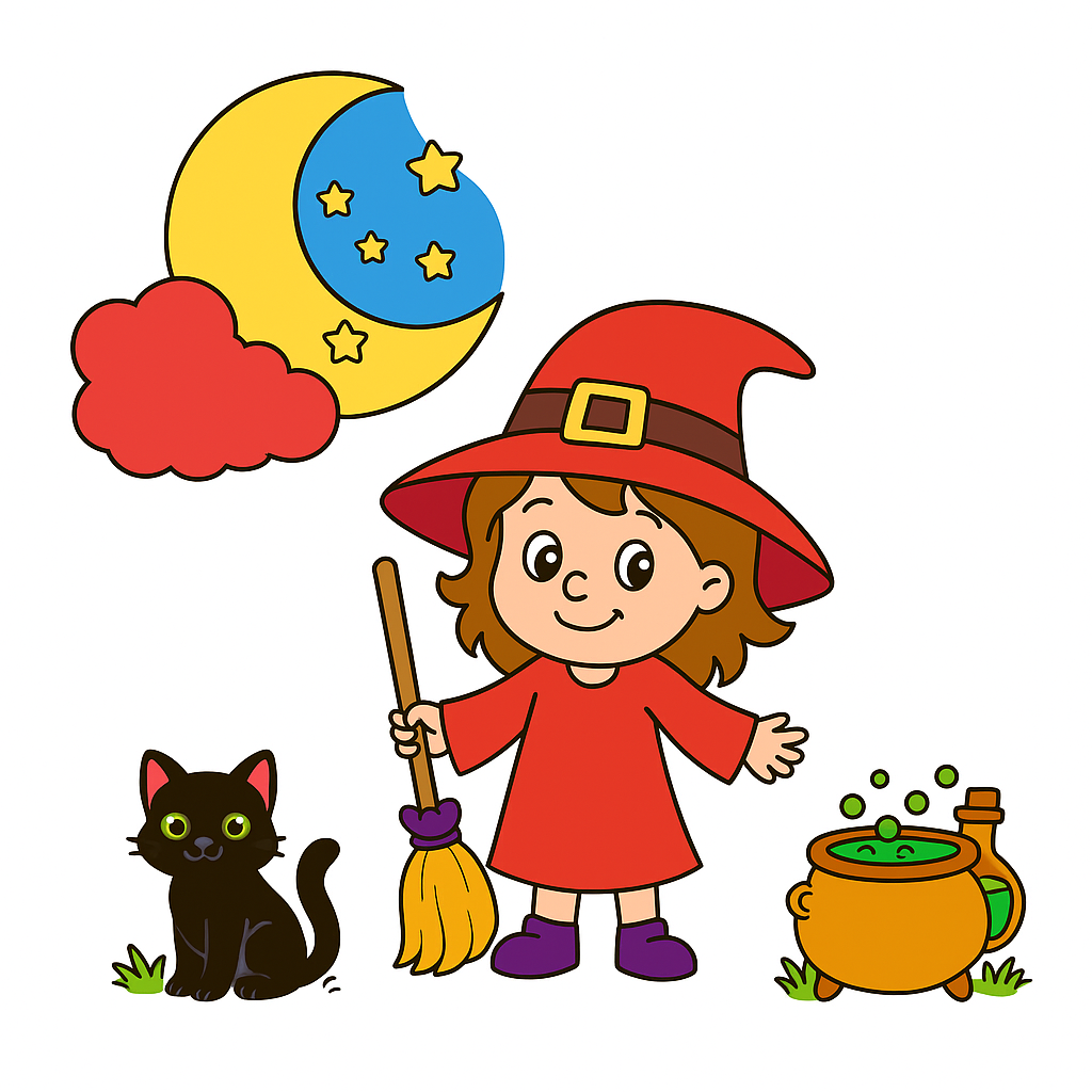 Cartoon witch with a broom, black cat, and cauldron on a white background