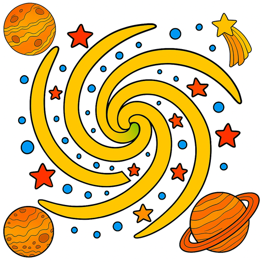 Colorful spiral design with stars and planets on a white background