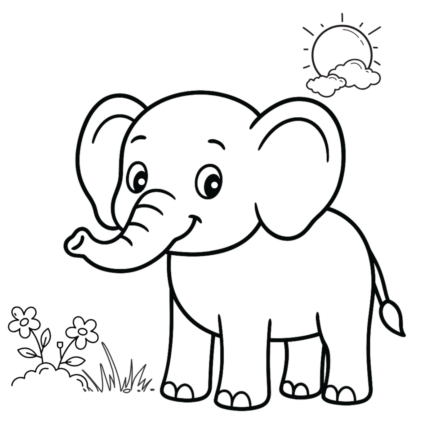 Cartoon elephant with flowers and sun on a white background