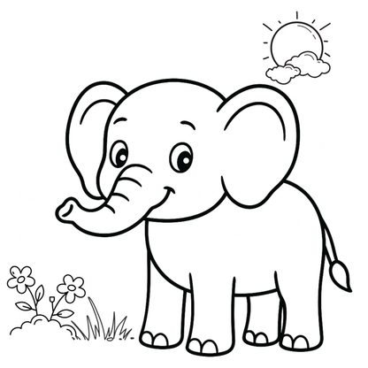 Cartoon elephant with flowers and sun on a white background