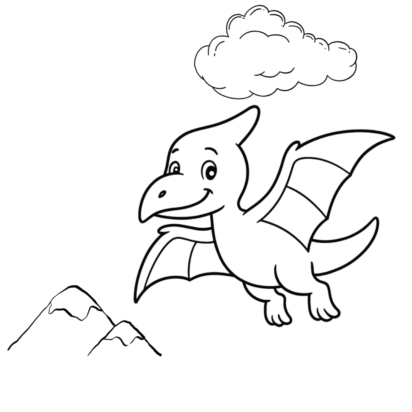 Cartoon dinosaur flying in the sky with mountains and a cloud in the background