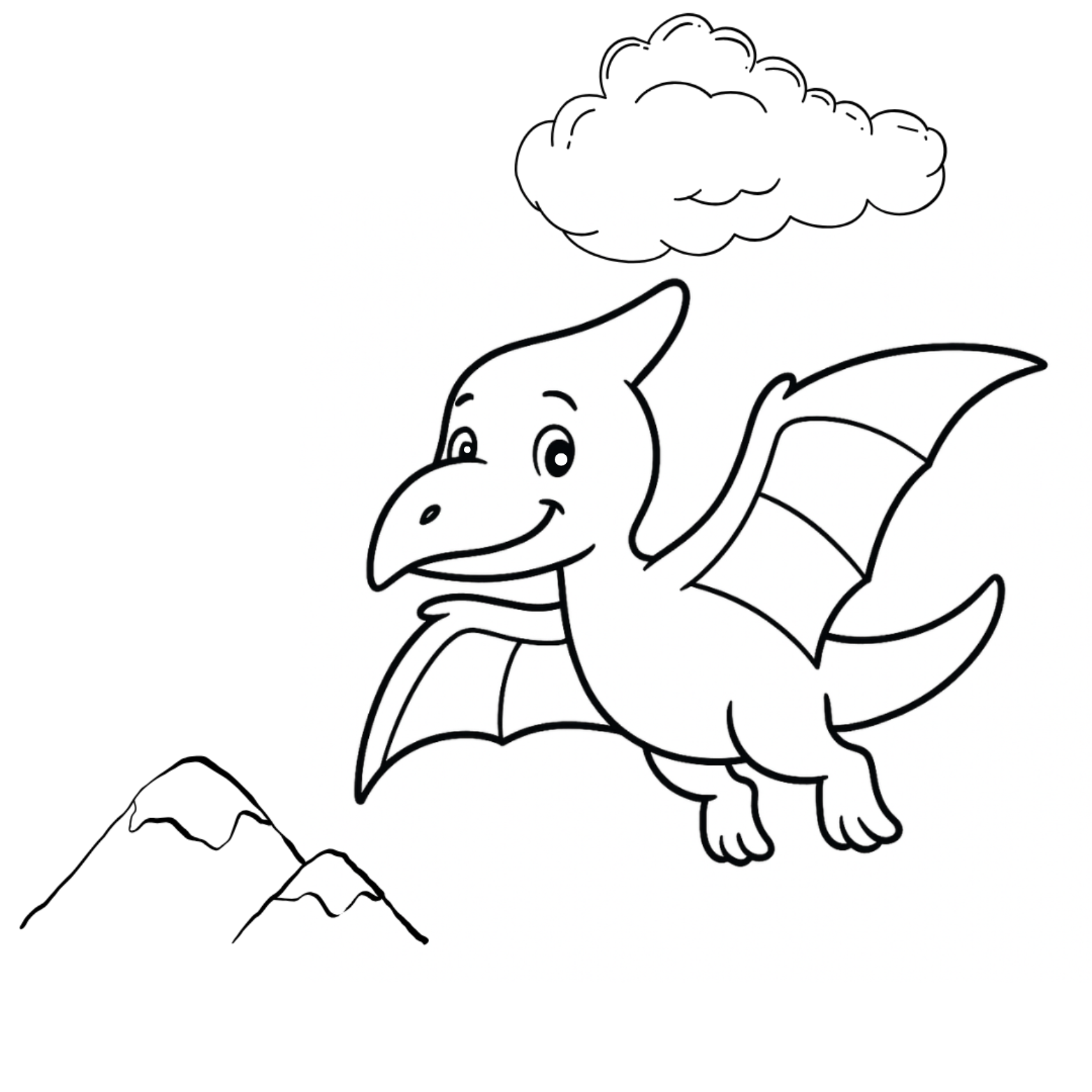 Cartoon dinosaur flying in the sky with mountains and a cloud in the background