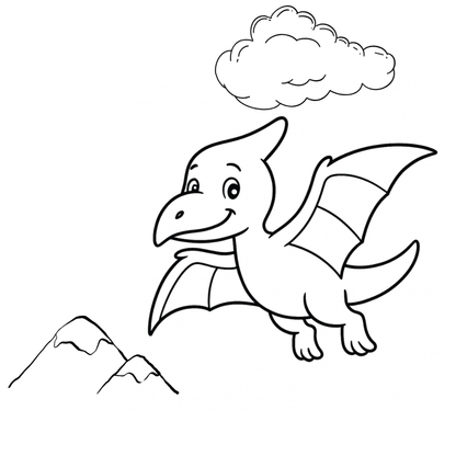 Cartoon dinosaur flying in the sky with mountains and a cloud in the background