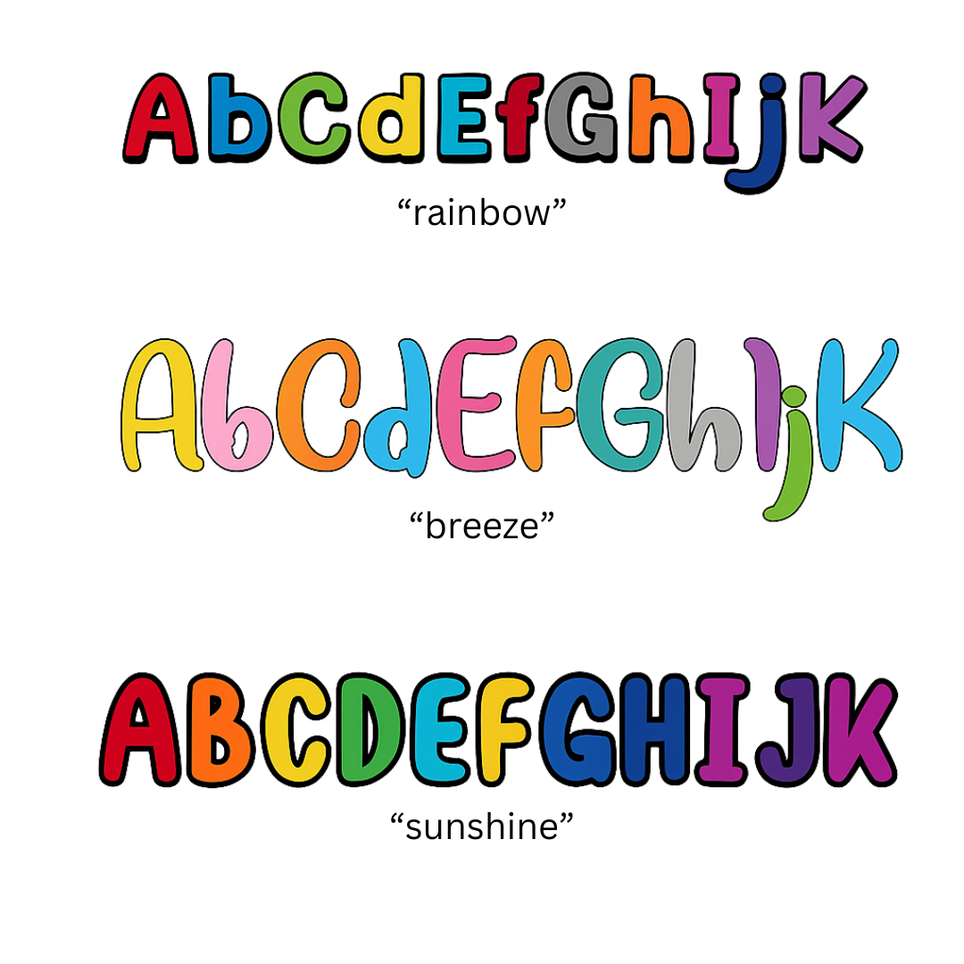 Three different color schemes of the alphabet letters 'A' to 'J' on a white background.