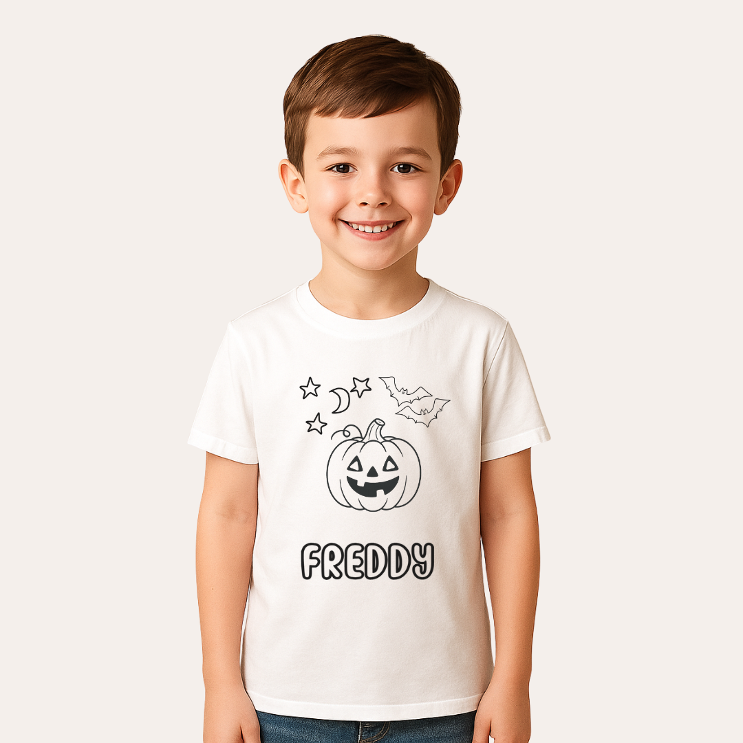 Child wearing a white t-shirt with Halloween-themed design and name 'FREDDY'.