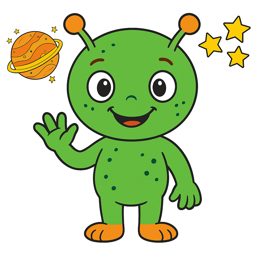Cute green cartoon alien waving with a smiling face, standing beside a yellow planet with rings and three yellow stars.