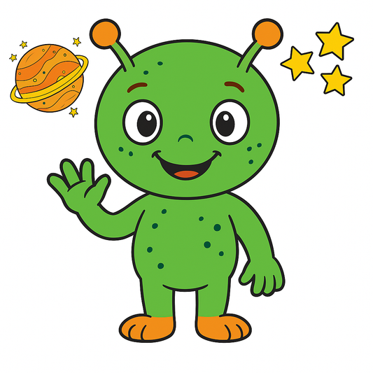 Cute green cartoon alien waving with a smiling face, standing beside a yellow planet with rings and three yellow stars.