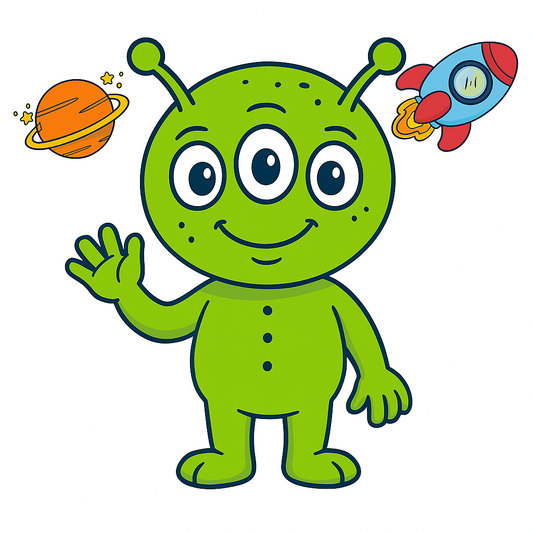 Cartoon green alien with space-themed elements on a white background
