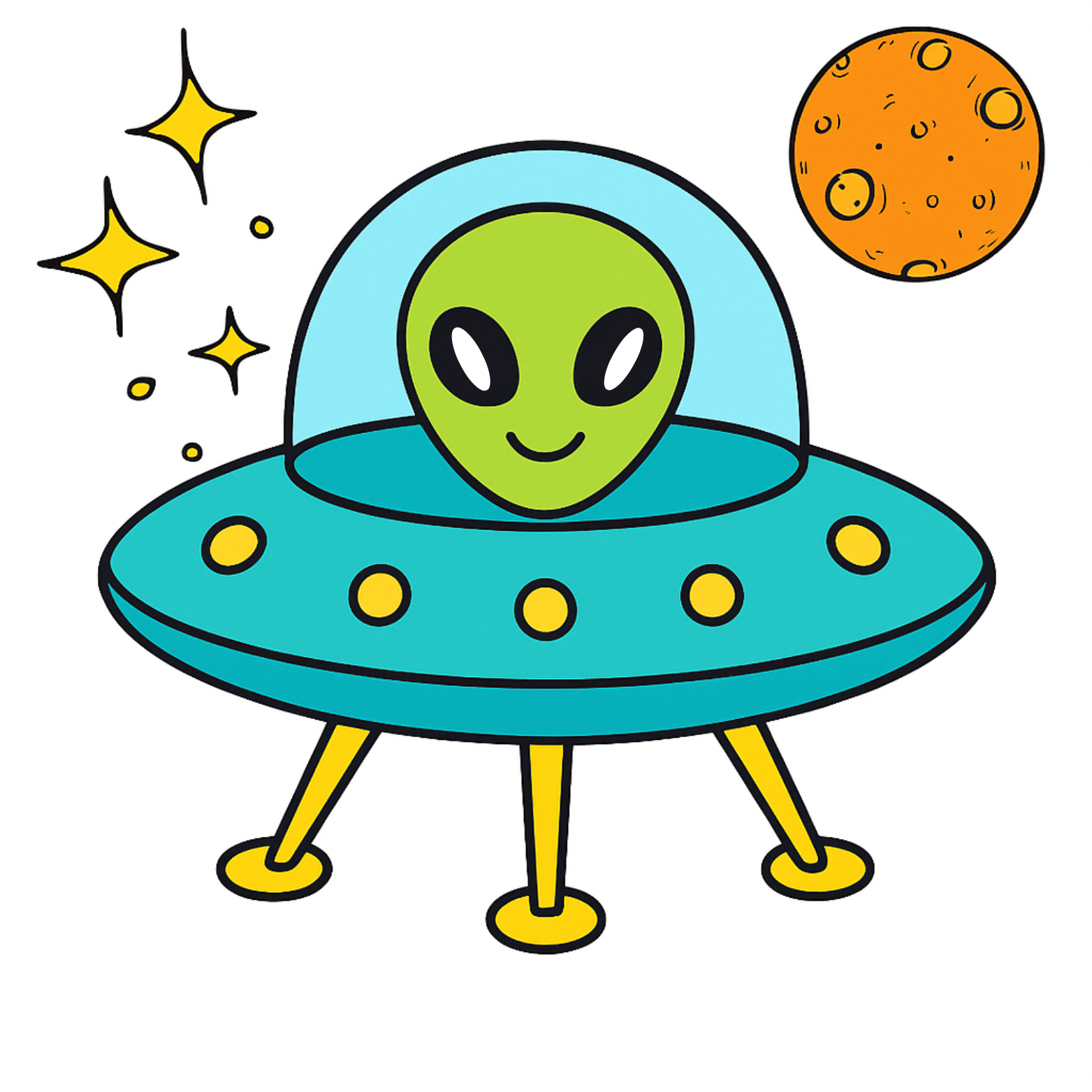 Cartoon alien in a blue UFO with stars and an orange planet in the background