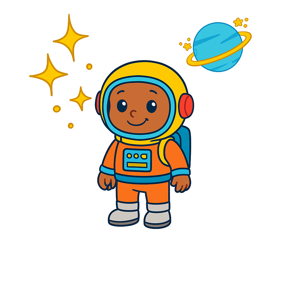 Cartoon astronaut in an orange suit with stars and a planet on a white background