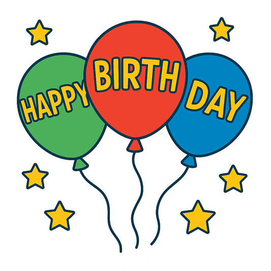 Colorful balloons with 'Happy Birthday' text and stars on a white background