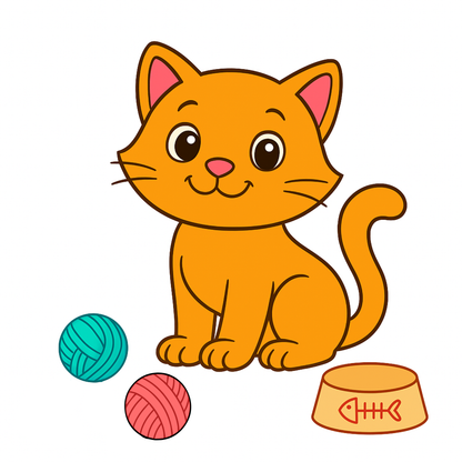 Cartoon cat with yarn balls and a food bowl on a white background