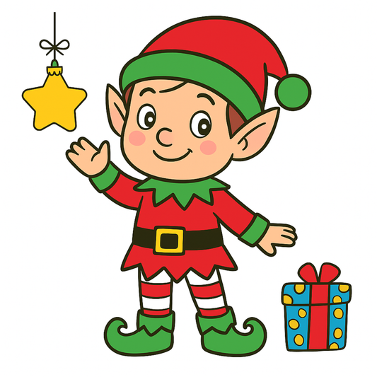 Cartoon Christmas elf holding a star ornament with a present on a white background